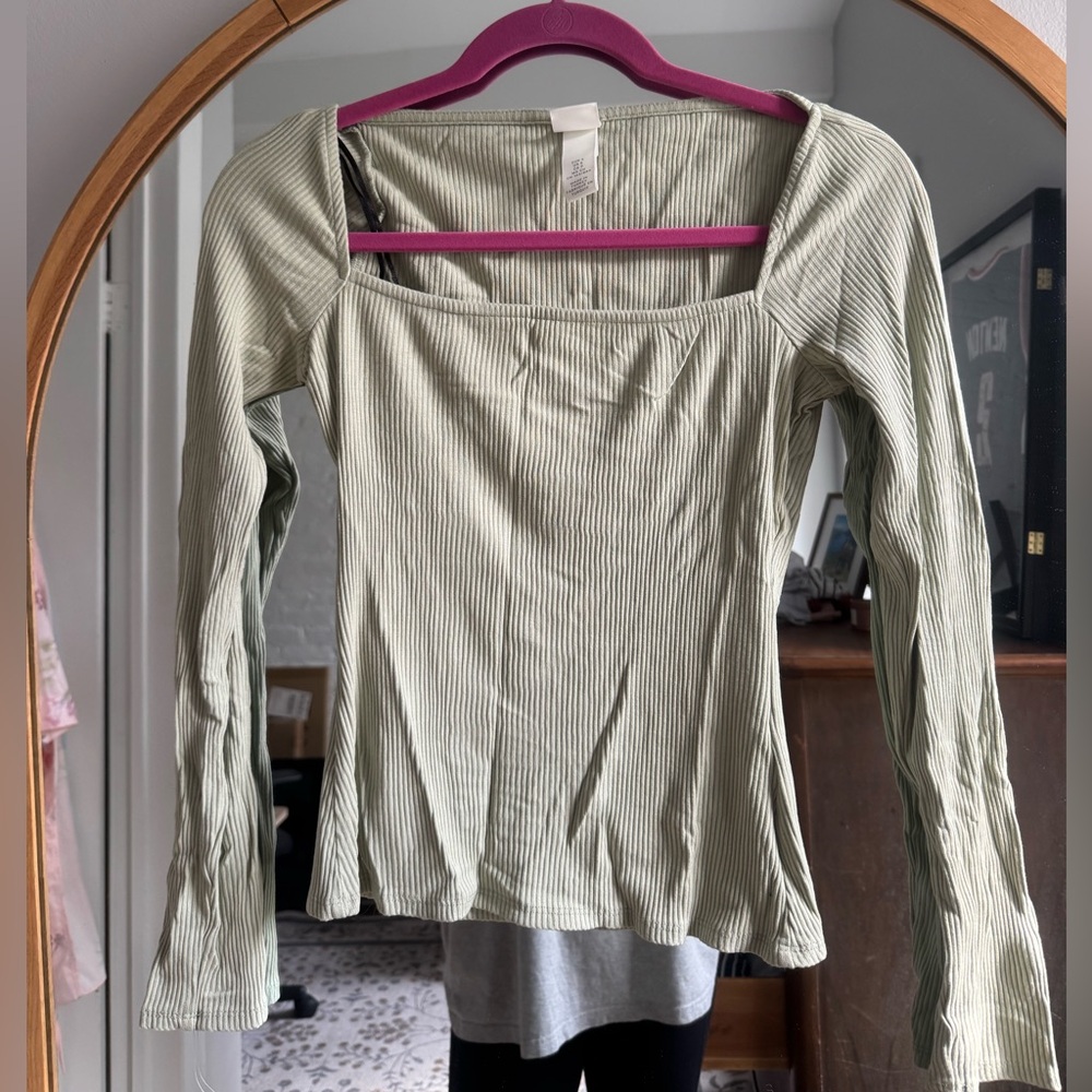 H&M Sage Green Ribbed Women's Square Neck Top